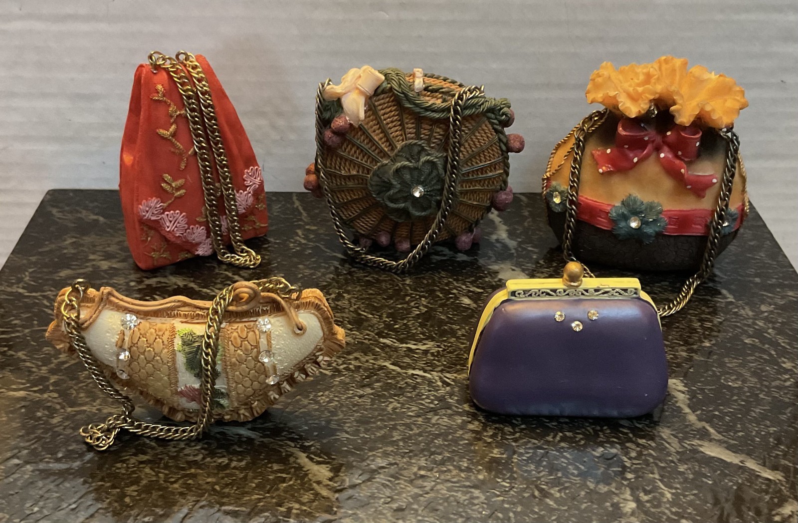 Lot of 5 – Vintage Porcelain Mini Purses w/ Chains Collectibles