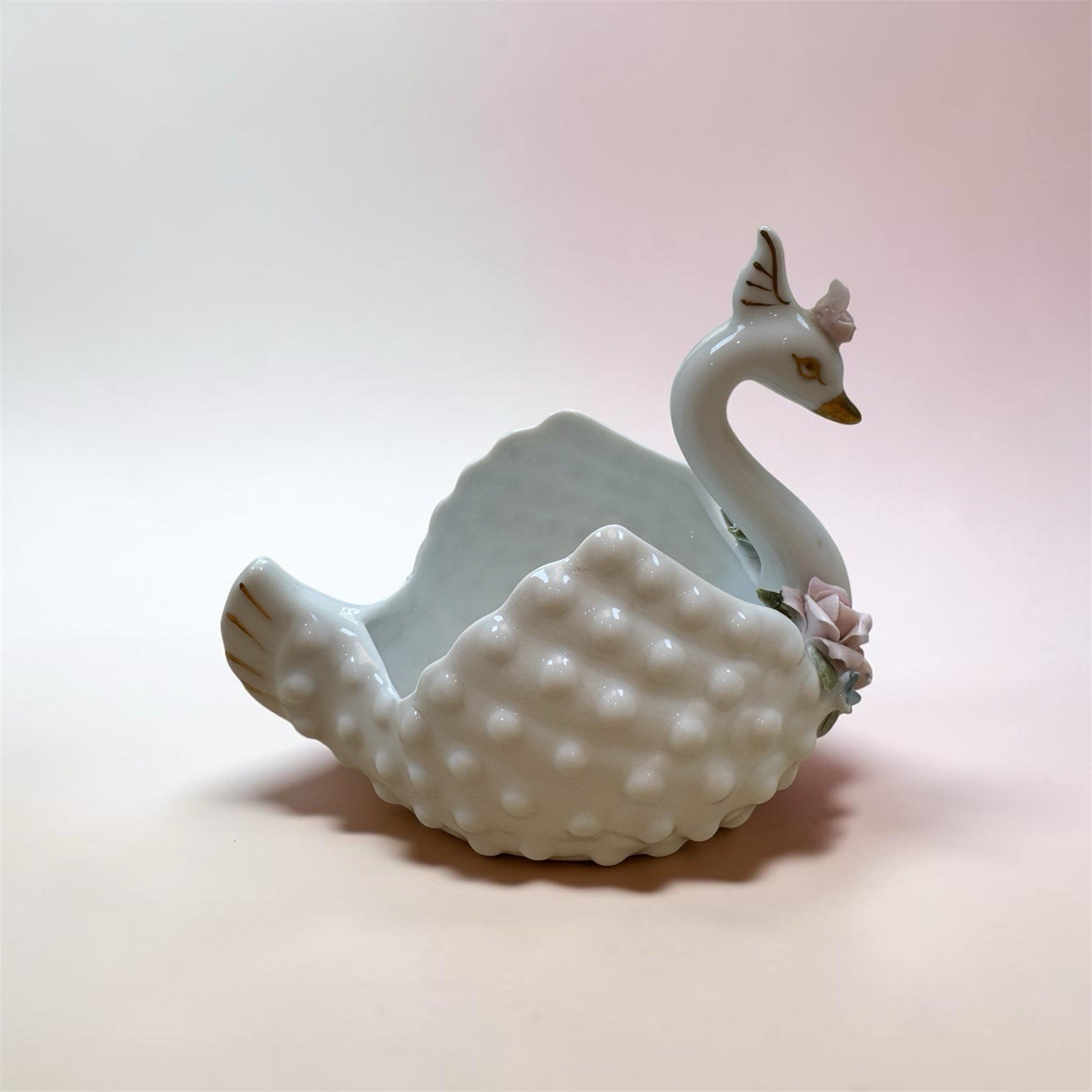 Vintage Lefton Porcelain Swan Hobnail Trinket Dish Décor Hand-painted 847