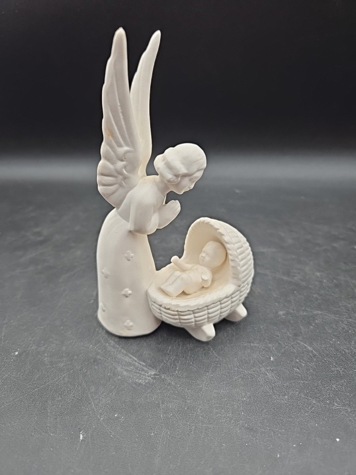 New Baby Guardian Angel Figurine Goebel Bisque Germany New Baby Bassinet Birth