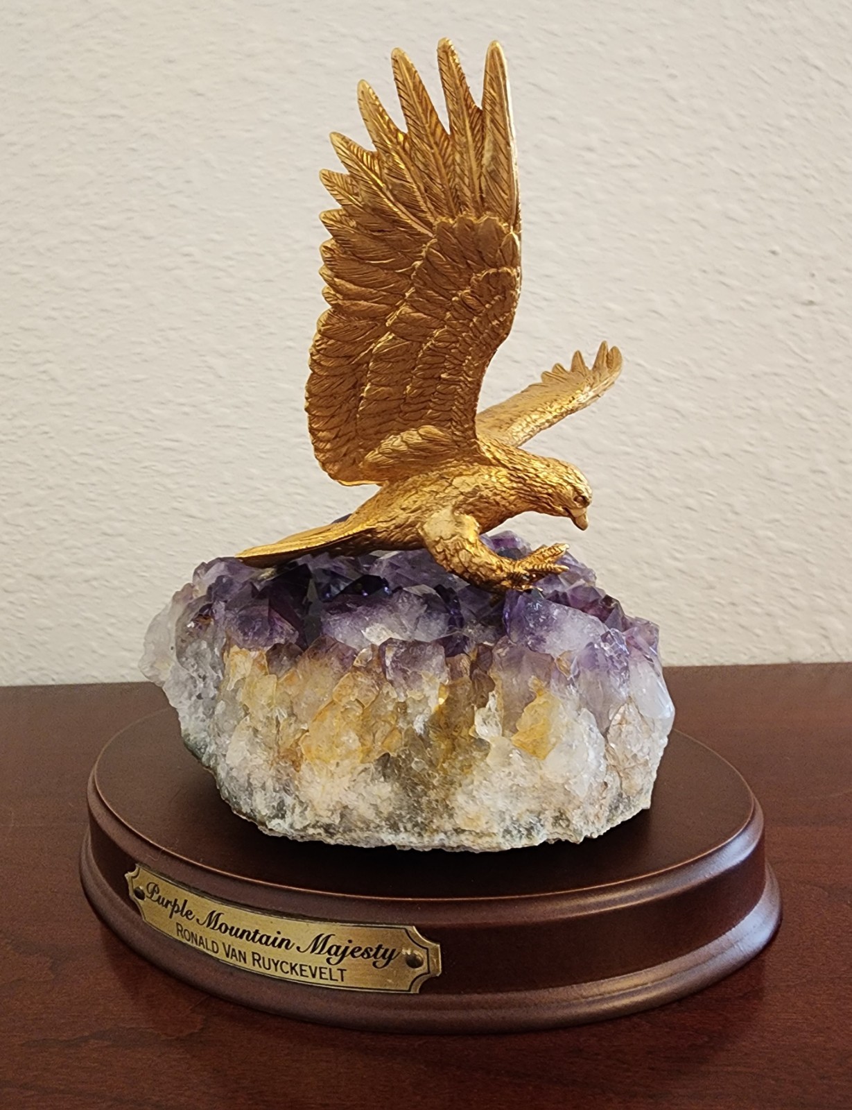 RARE 1980s Gold Gilded Bronze Eagle Statue On Amethyst Crystal Geode Base NICE!!