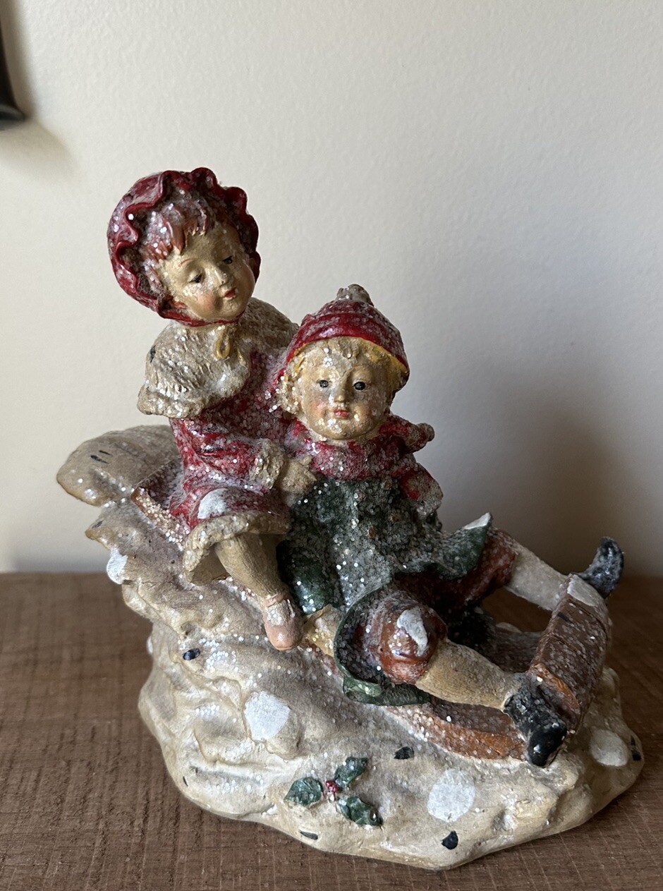 Your Hearts Delight Figurine Decoration Boy & Girl Sledding HTF