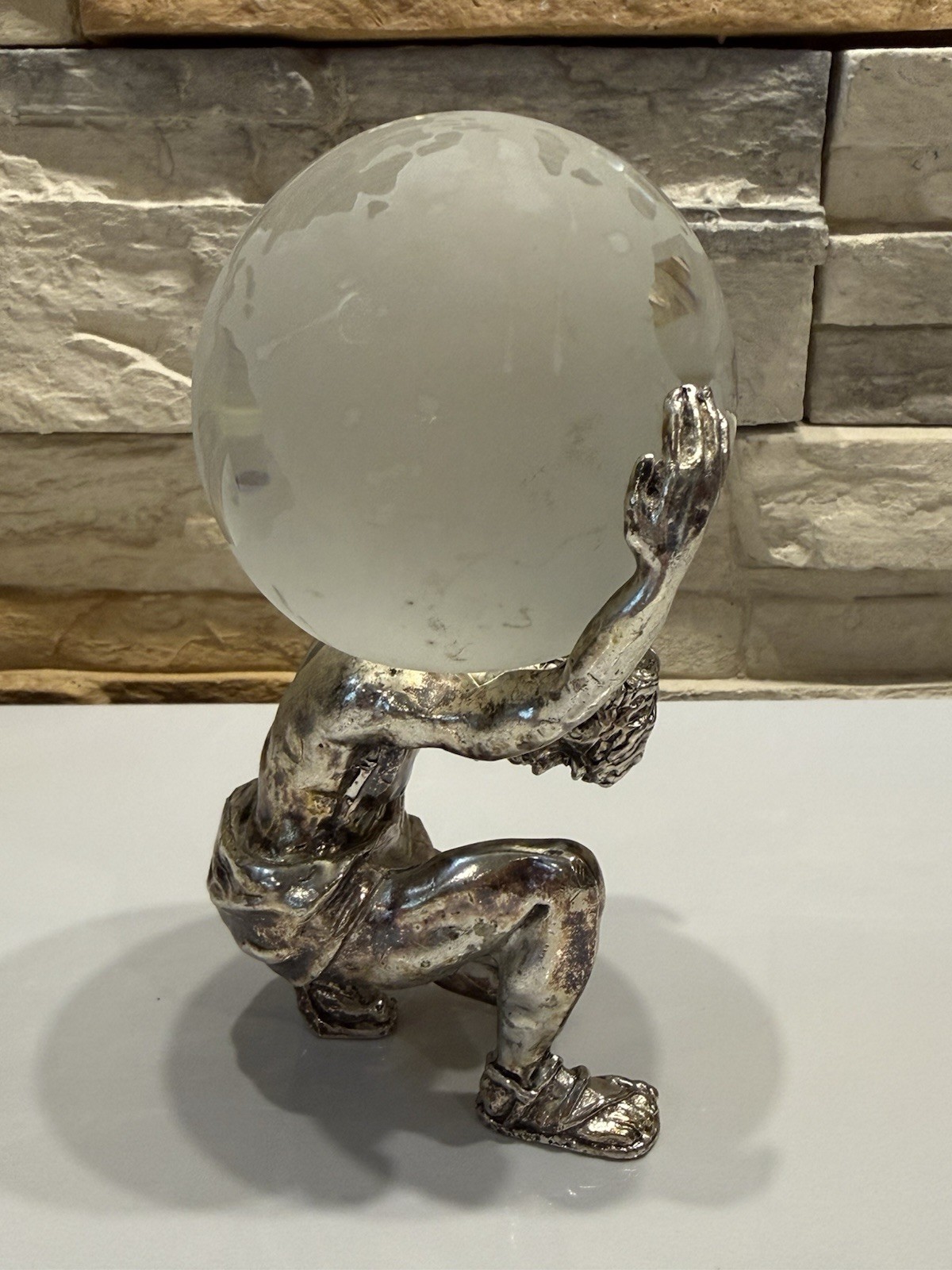 ATLAS SCULPTURE FIGURINE HOLDING SOLID FROSTED ORB GLOBE VINTAGE SILVER TONE