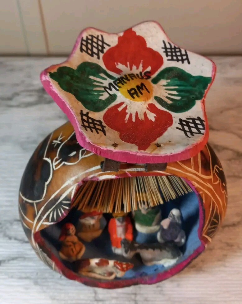 Handcarved Folk Art Footed Gourd Nativity Scene Inside Handcrafted Hand Painted