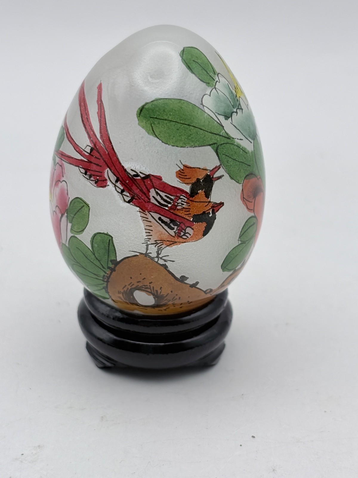 Vintage Reverse Hand Painted Glass Egg Birds Flowers – With Stand (3c)