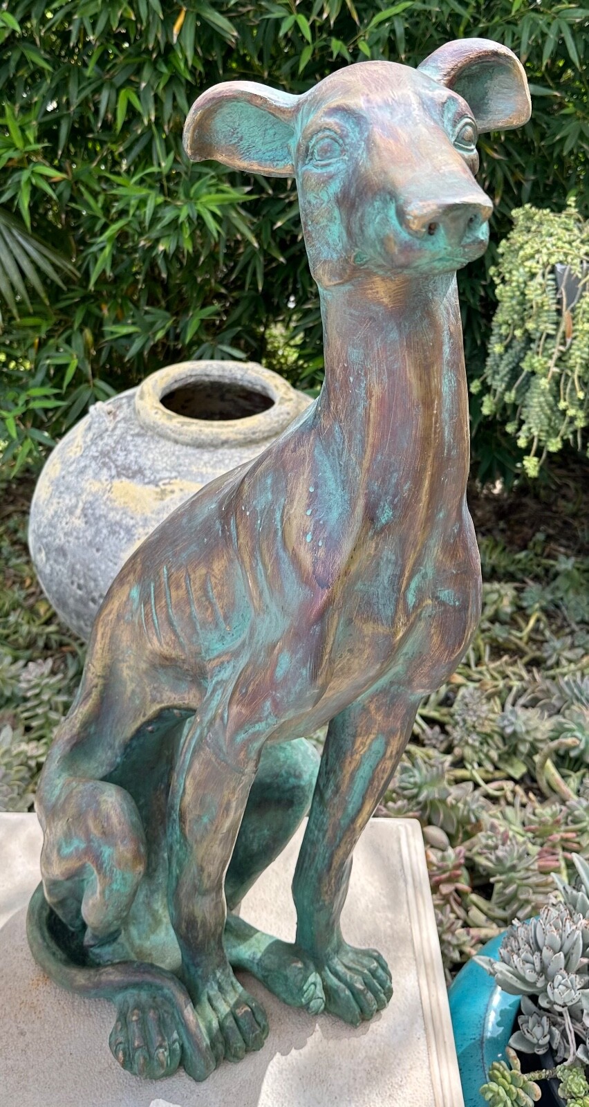 Vintage Italian Life Size Carved Wood Gold Verdigris Greyhound Baroque Sculpture
