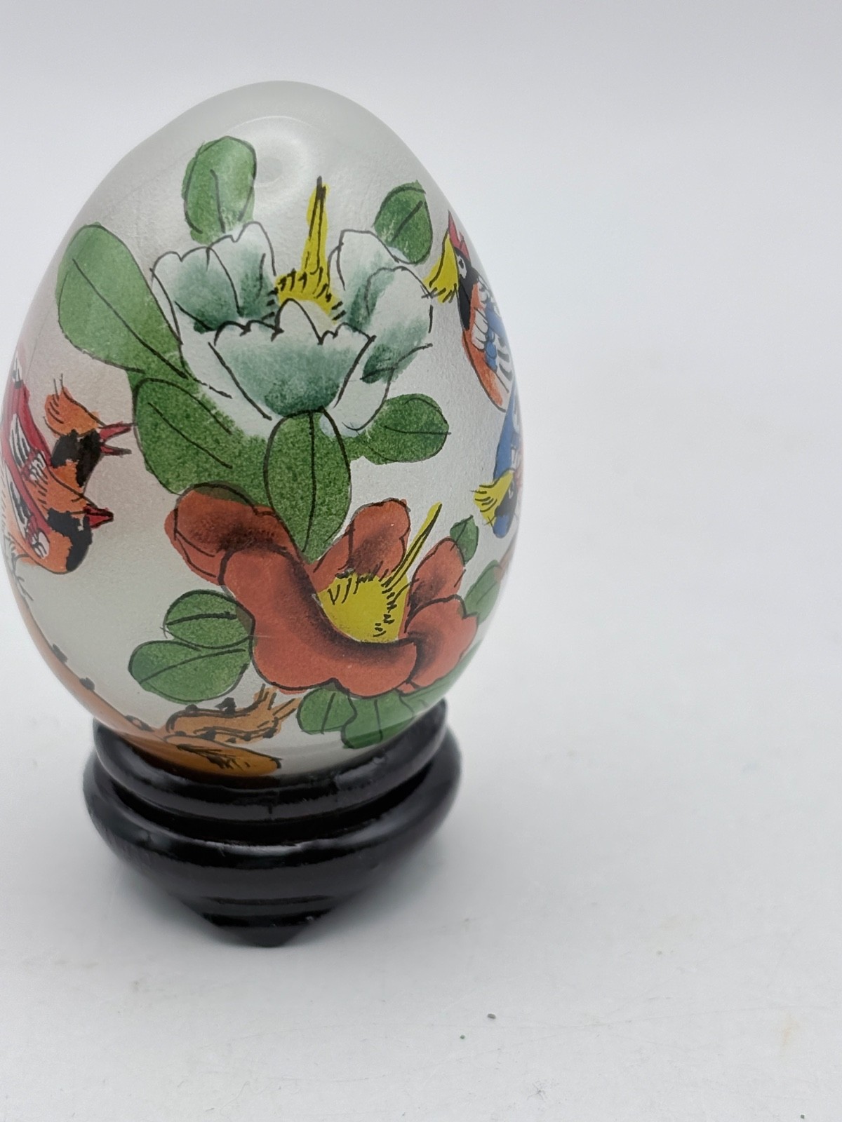 Vintage Reverse Hand Painted Glass Egg Birds Flowers – With Stand (3c)