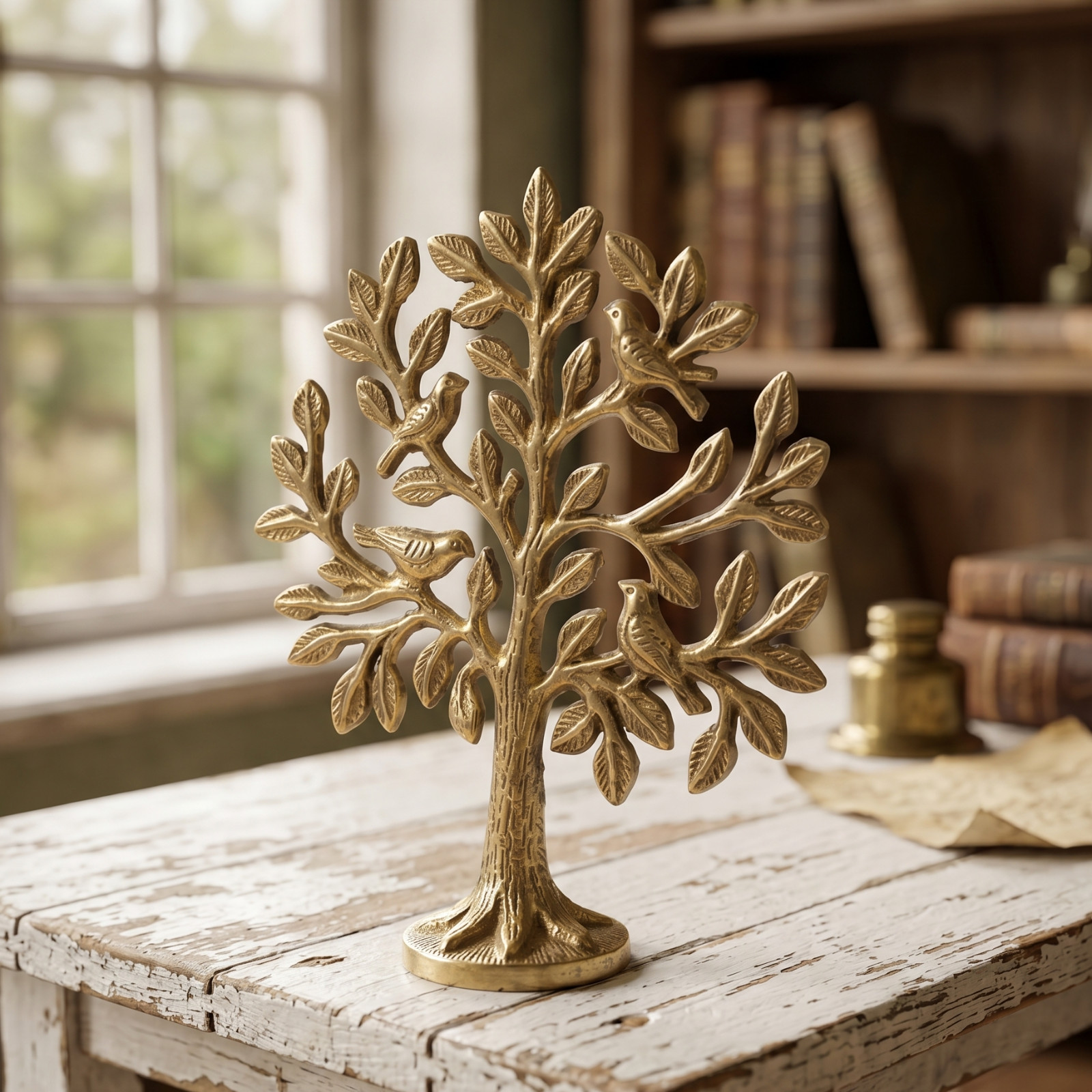 Decorative Golden Tree Sculpture with Birds Modern Spiritual Home Accent