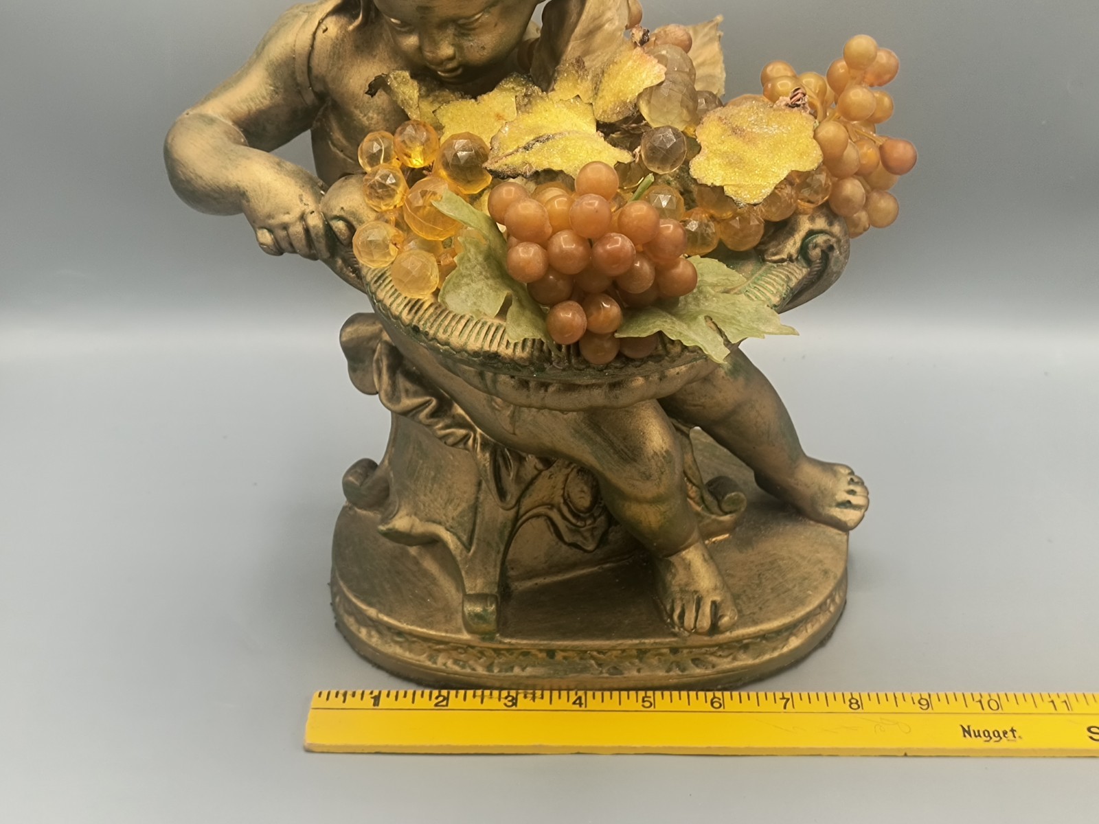 Vintage Plaster Cherub Statue 12″ Antique Gold Pained w/Fruit Bowl Lucite Grapes