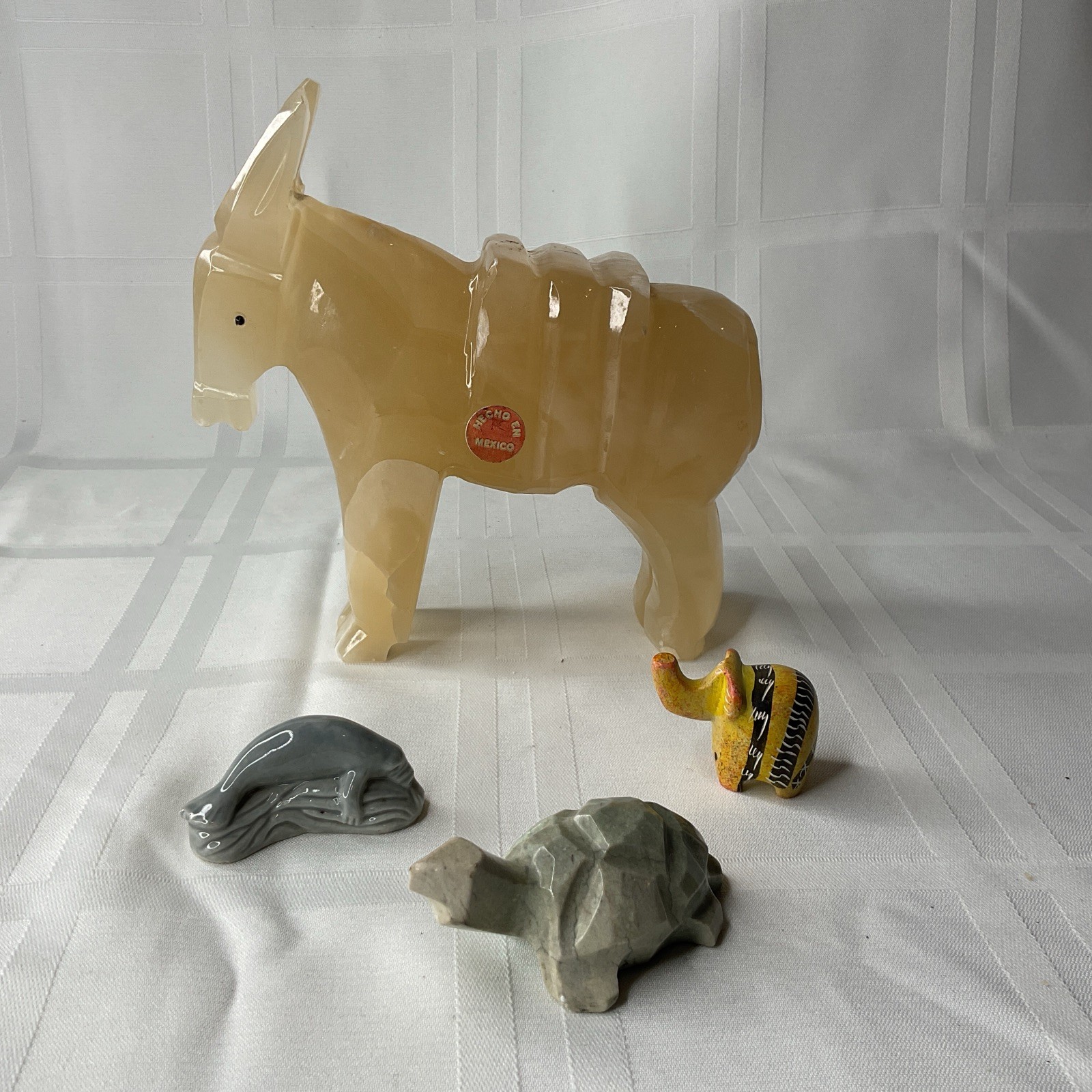 Lot Of 4 Onyx, Stone And Ceramic Figurines Mule, Turtle, Elephant and Manatee