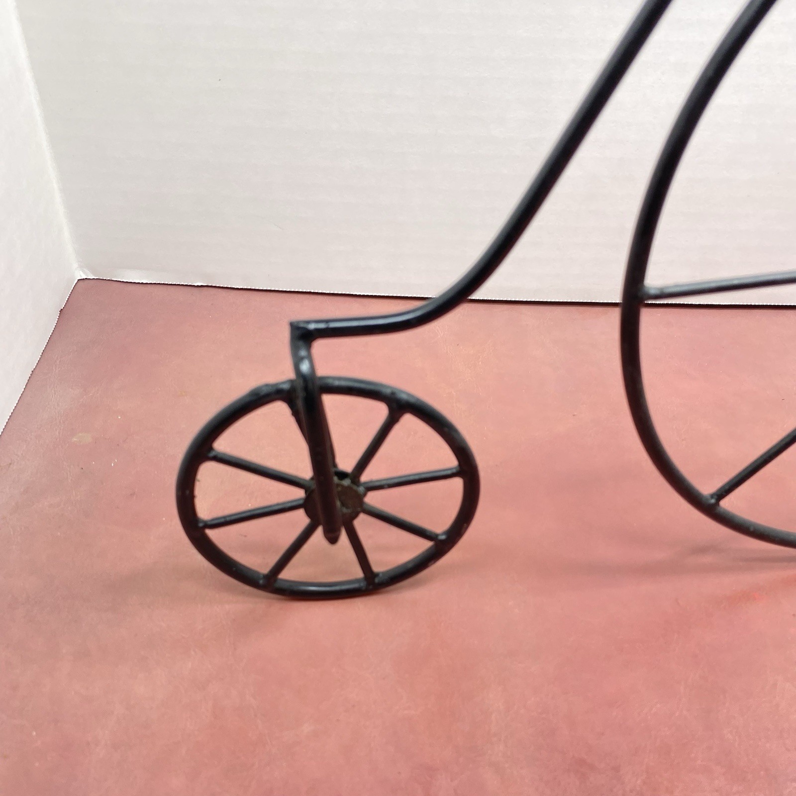 Vtg Style 12″ Penny Farthing Bicycle Metal Sculpture Wooden Seat Freestanding