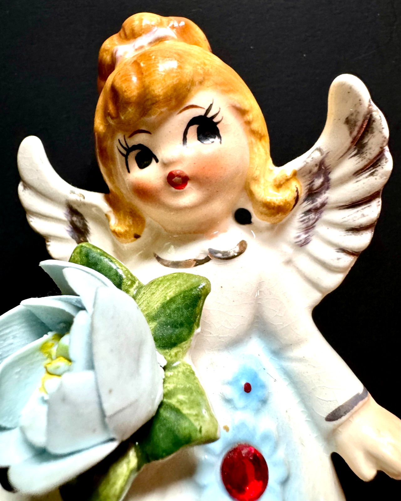 VTG 1950s Lefton Ceramic July B-Day Angel w/Red Stone & Blue Flower #6224 Japan