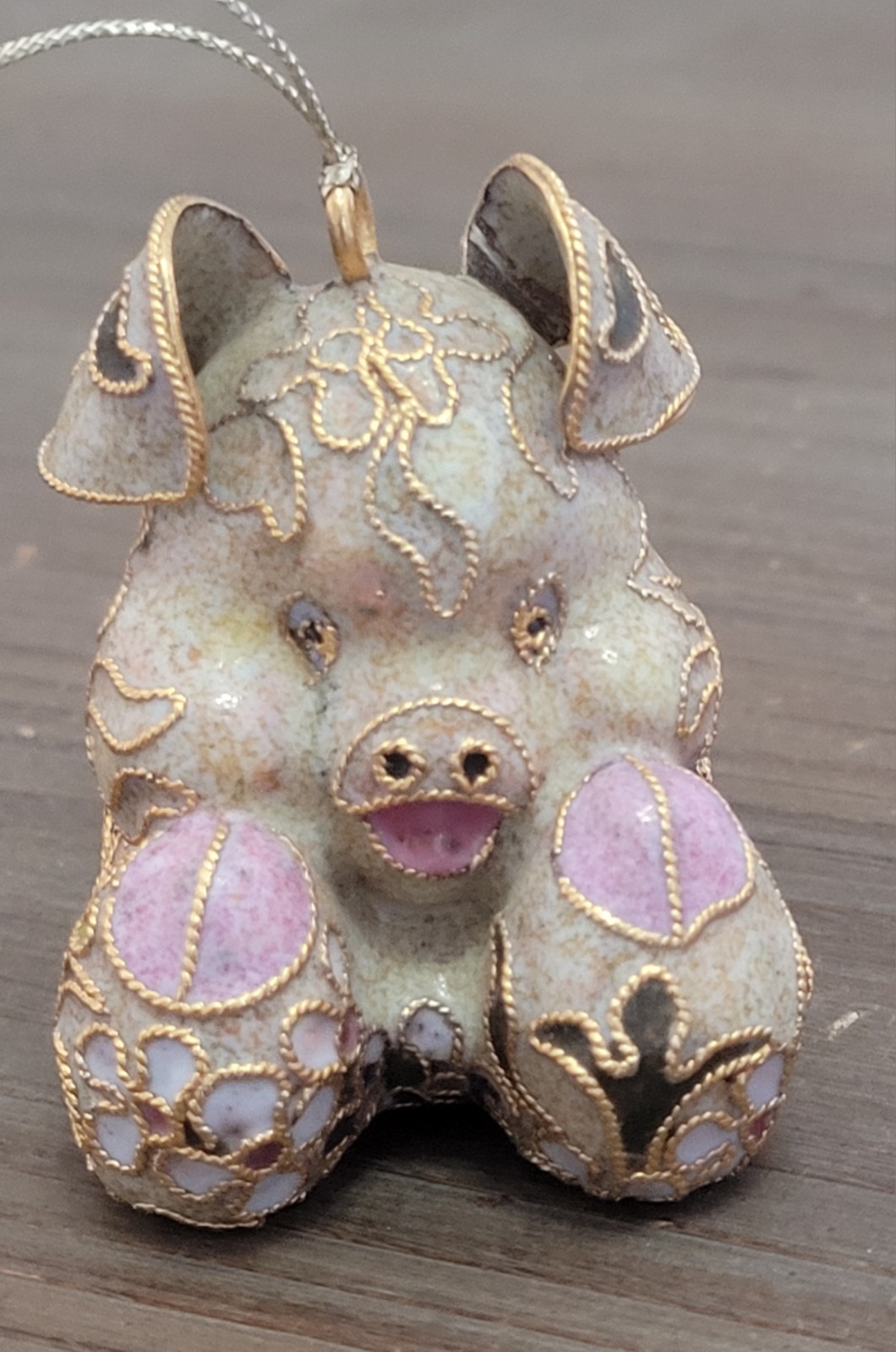 Vtg Cloisonné Enamel Figurine Pig Piglet Floral Pattern Pink Gold Purple