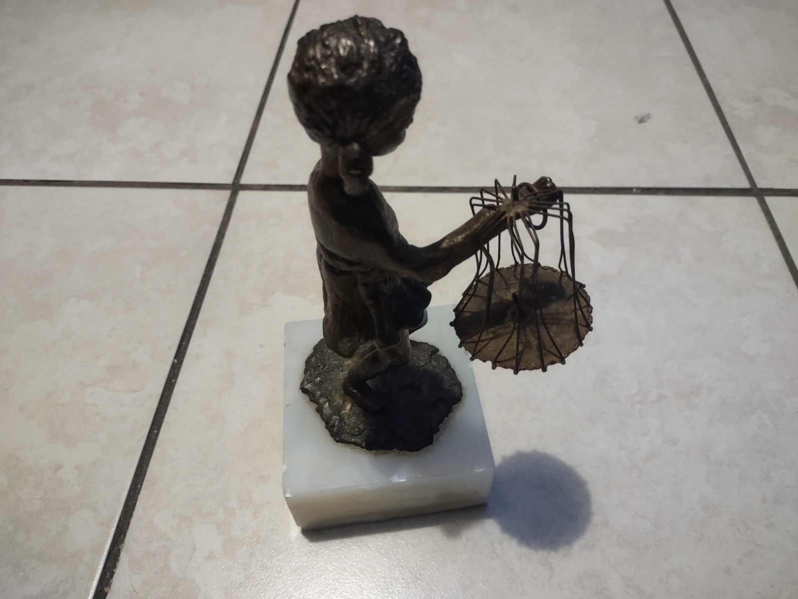Early 1900’s Bronze Statue of Girl Holding a Basket, Marble Base
