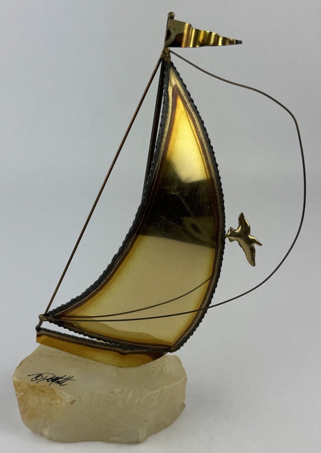Copper Sailboat Sculpture Stone Base Metal Vintage 9.75″ Signed John DeMott MCM