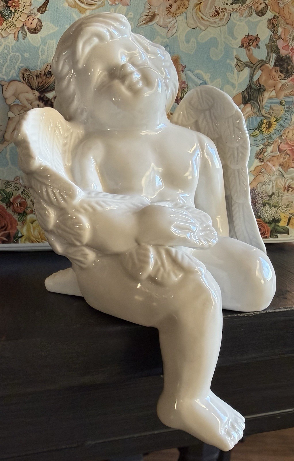 VTG Porcelain Cherub Shelf Sitter, Guardian Angle Wings Detail Whimsy Celestial