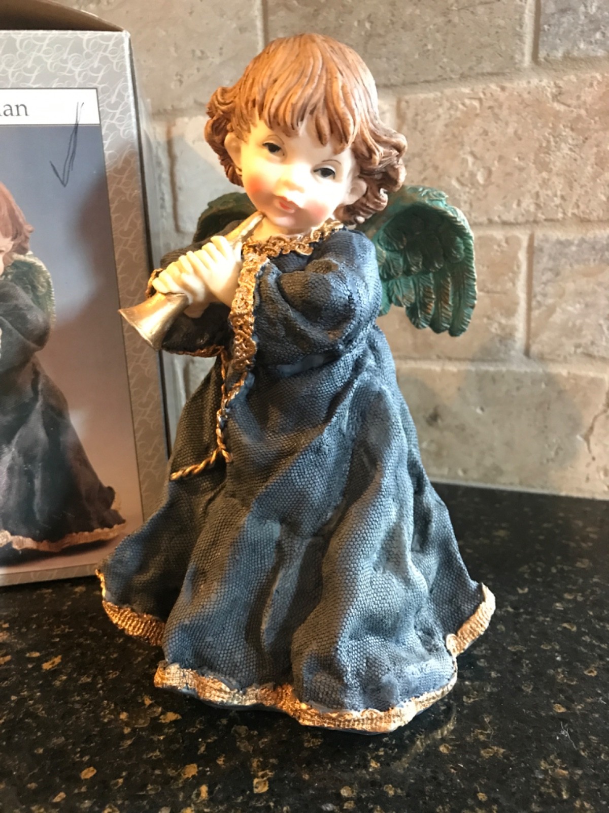 1999 Artmark Blue Cherub Angel Porcelain Fabriche-like Figurine w/Trumpet, Box