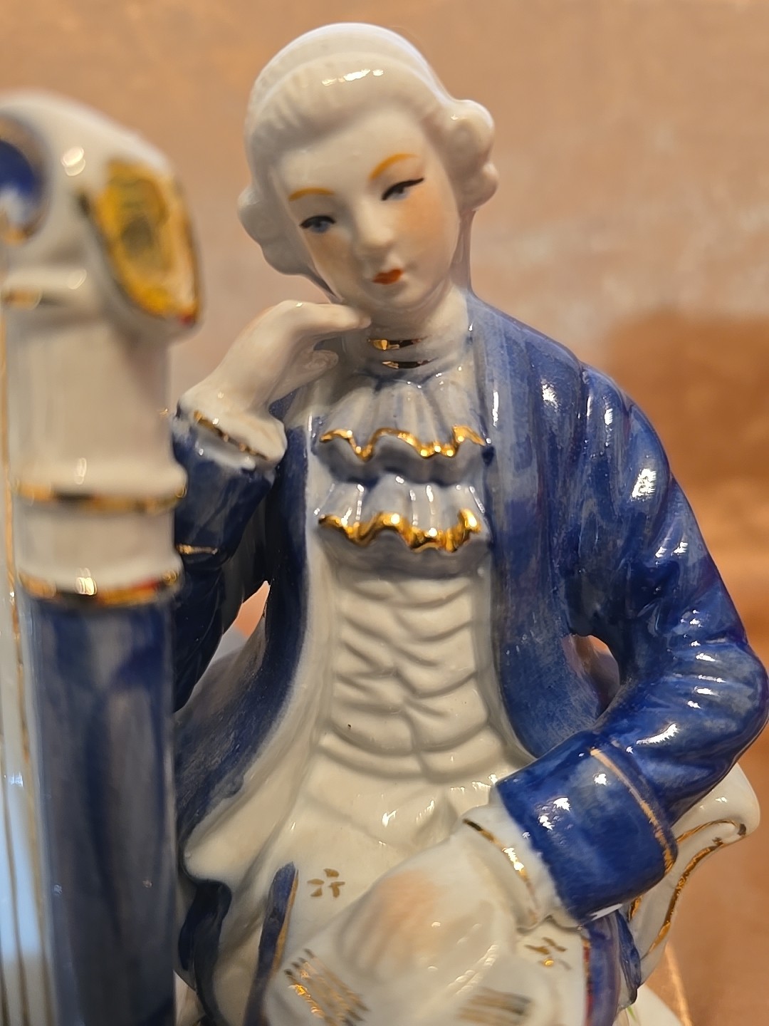 Rare Blue&white Porcelain Colonial/ Victorian Couple Playing Harp/reading Figure