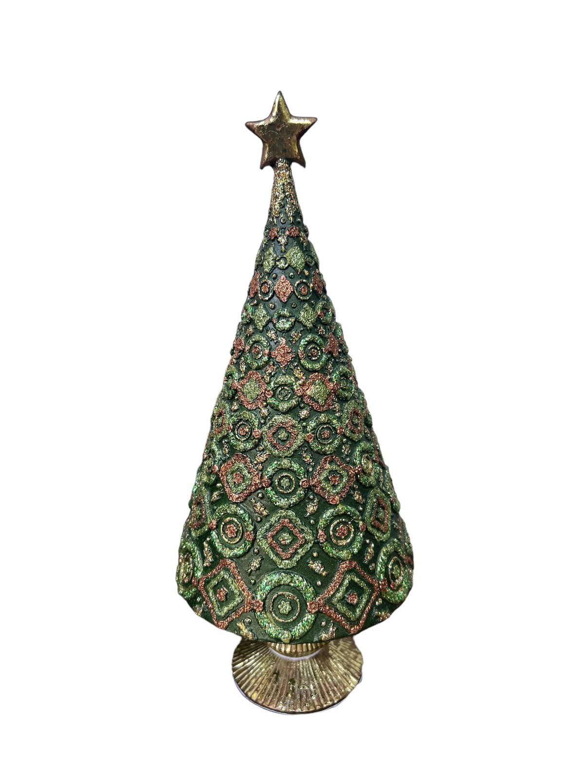 Green Copper Gold Resin Glittered Cone Tree On Base Matching Decorative Box NOS