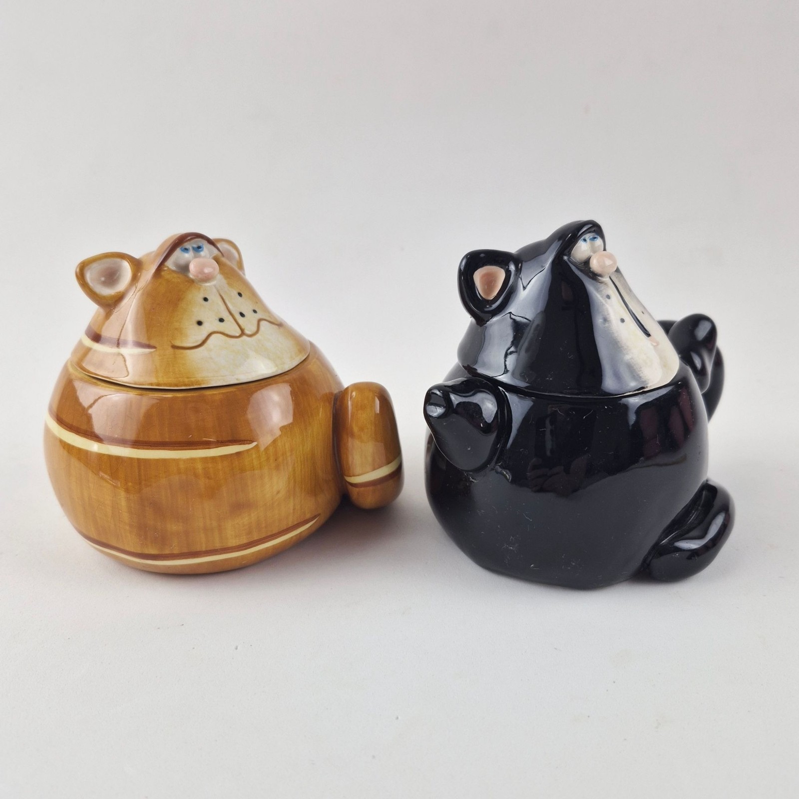 2 Vintage Russ Berrie Douglas Whimsical Cat Ceramic Candle Holders Trinket Boxes