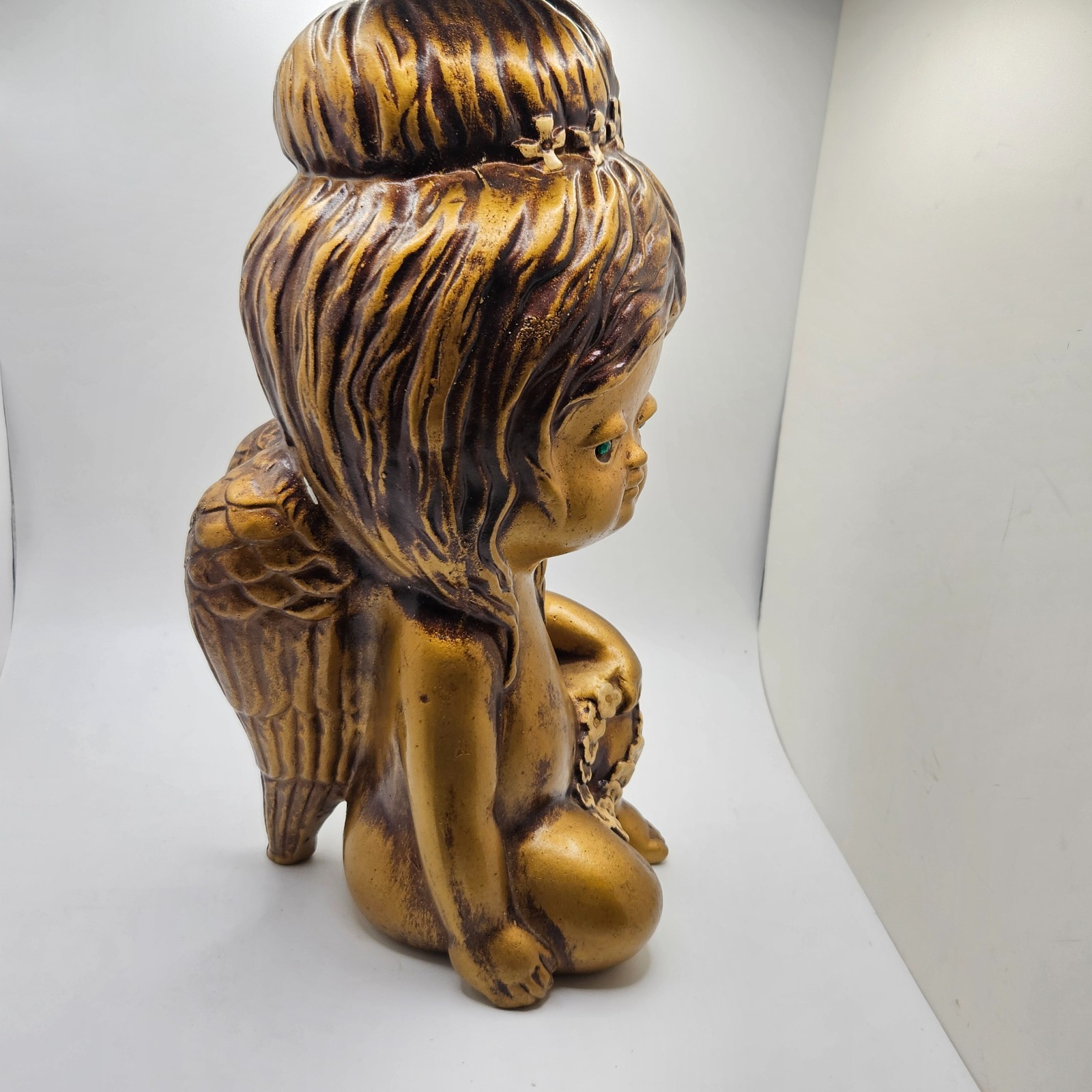 Vintage MCM Japan Angel Cherub Figurine Gold Brown Ceramic Green Eye Statue