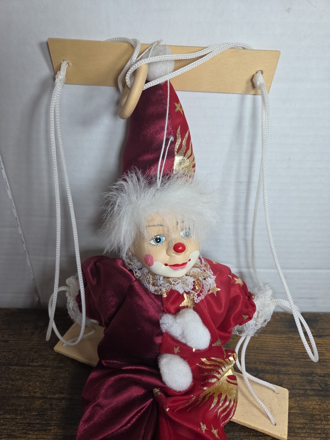 Vintage Clown Marionette Puppet on Swing Porcelain Face Maroon&Gold Costume