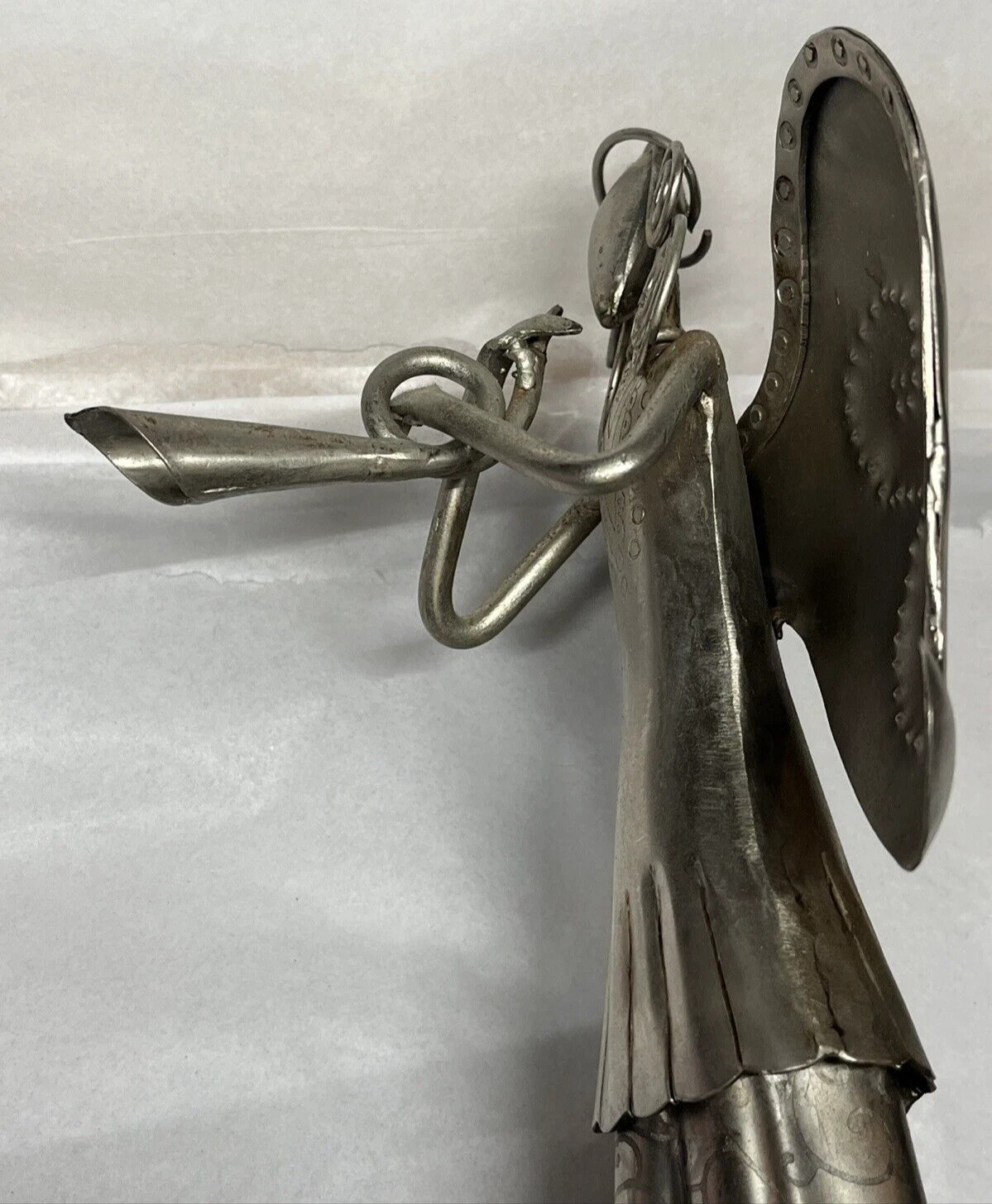Metal Sculpture Folk Art Angel Playing Horn 17″ Tall Vintage