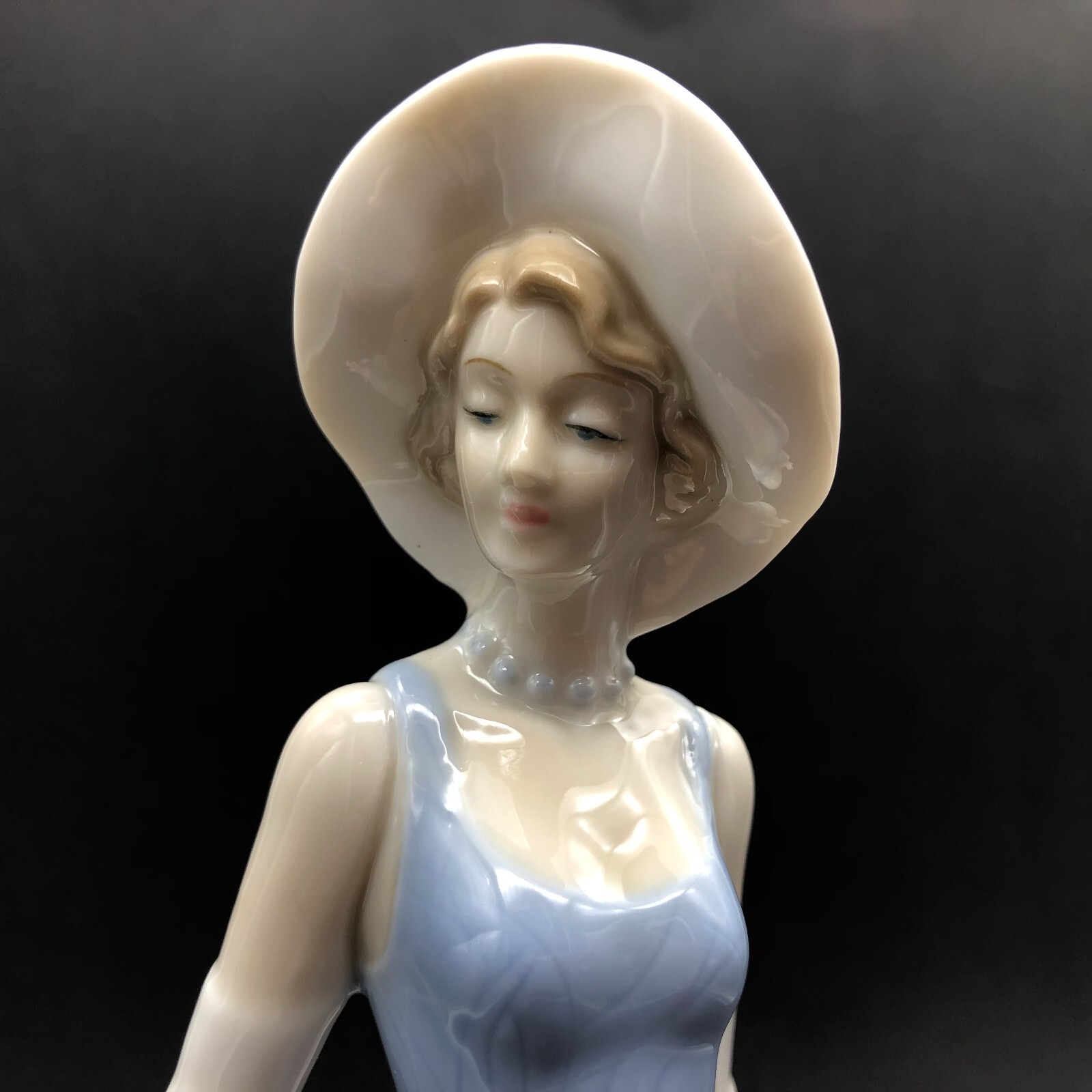 Porcelain Art Deco Statue Woman in Blue Dress Posing by Fireplace with Birds GUC
