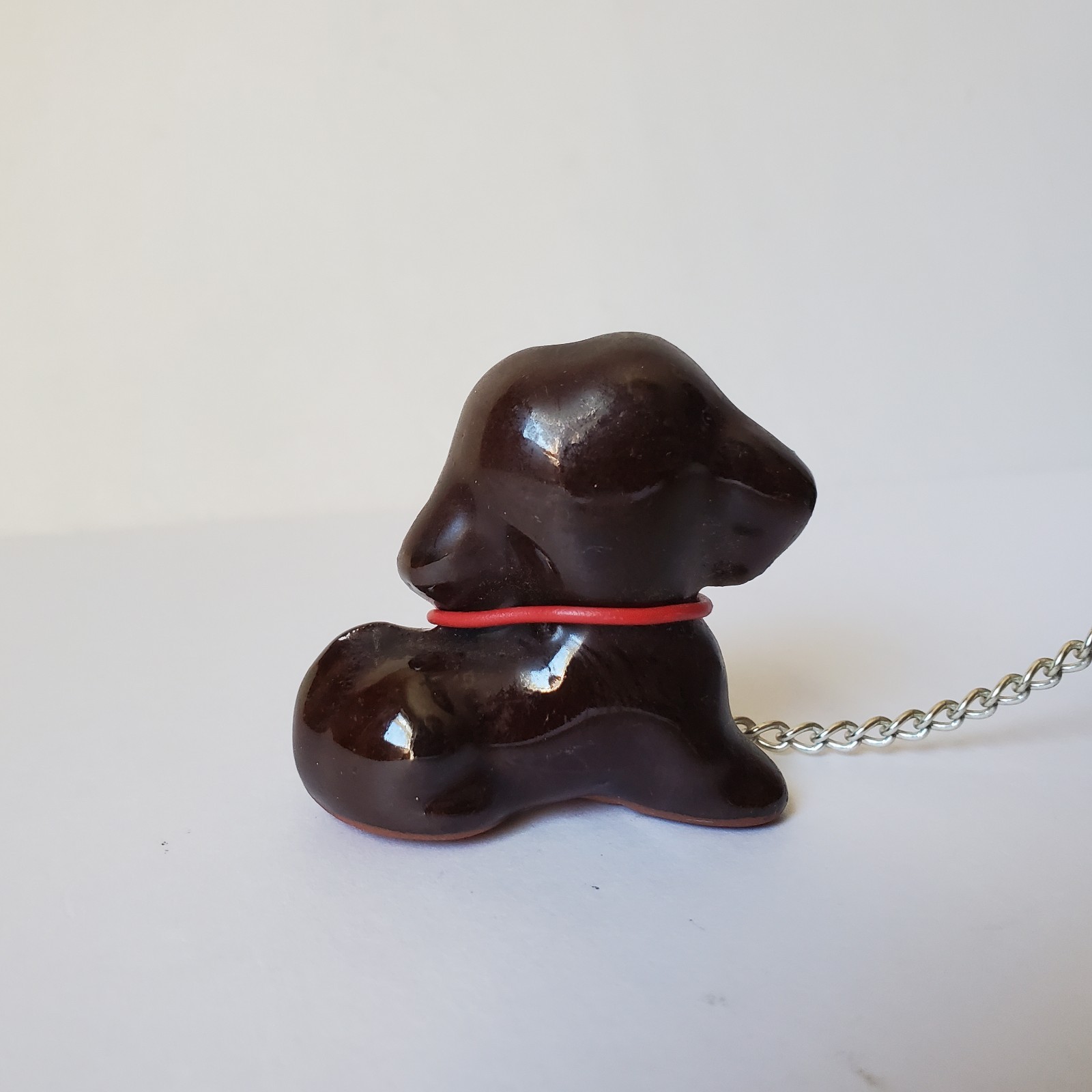 Redware Pottery Dog Mom With Puppy on Chain Hound Anthropomorphic Kitsch MCM Vtg