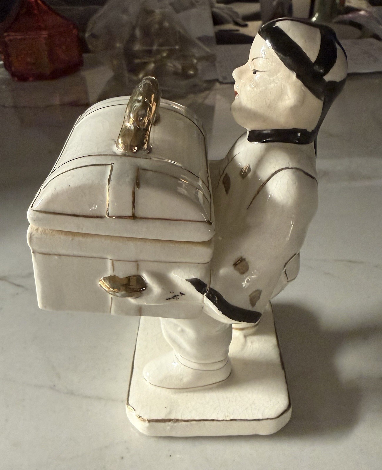 Vintage Japanese Man Holding Chest With Removable Top – Gold Accents