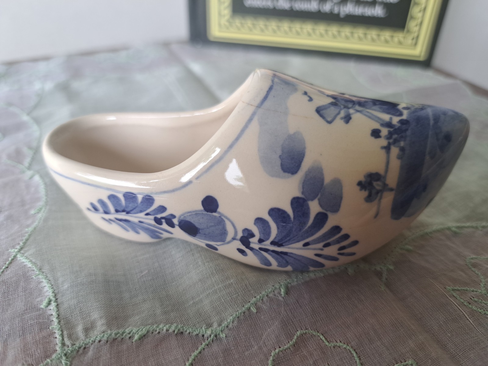 Antique Delfts Blue Hand Painted Ceramic Dutch Clog Figurine Floral Glazed