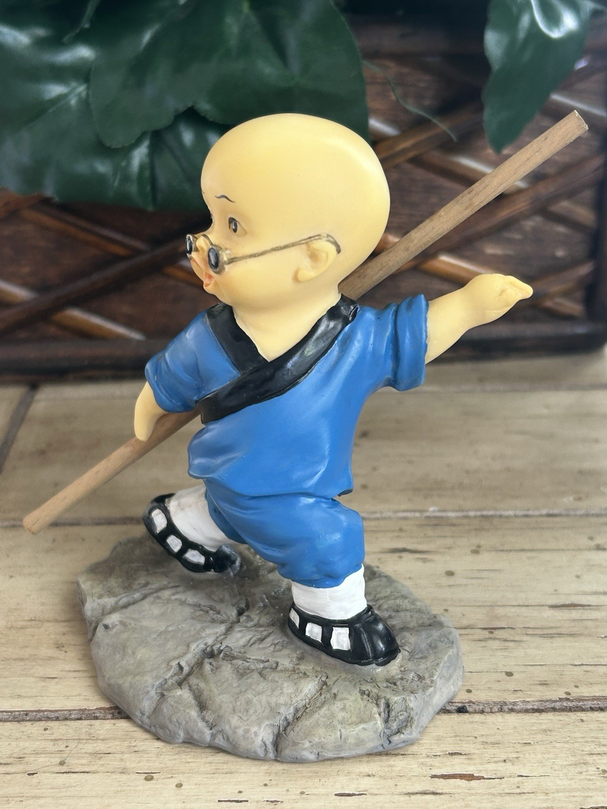 Chinese Kung Fu Monk Shaolin Martial Arts Baby Figurine w/ Bo Staff 4”