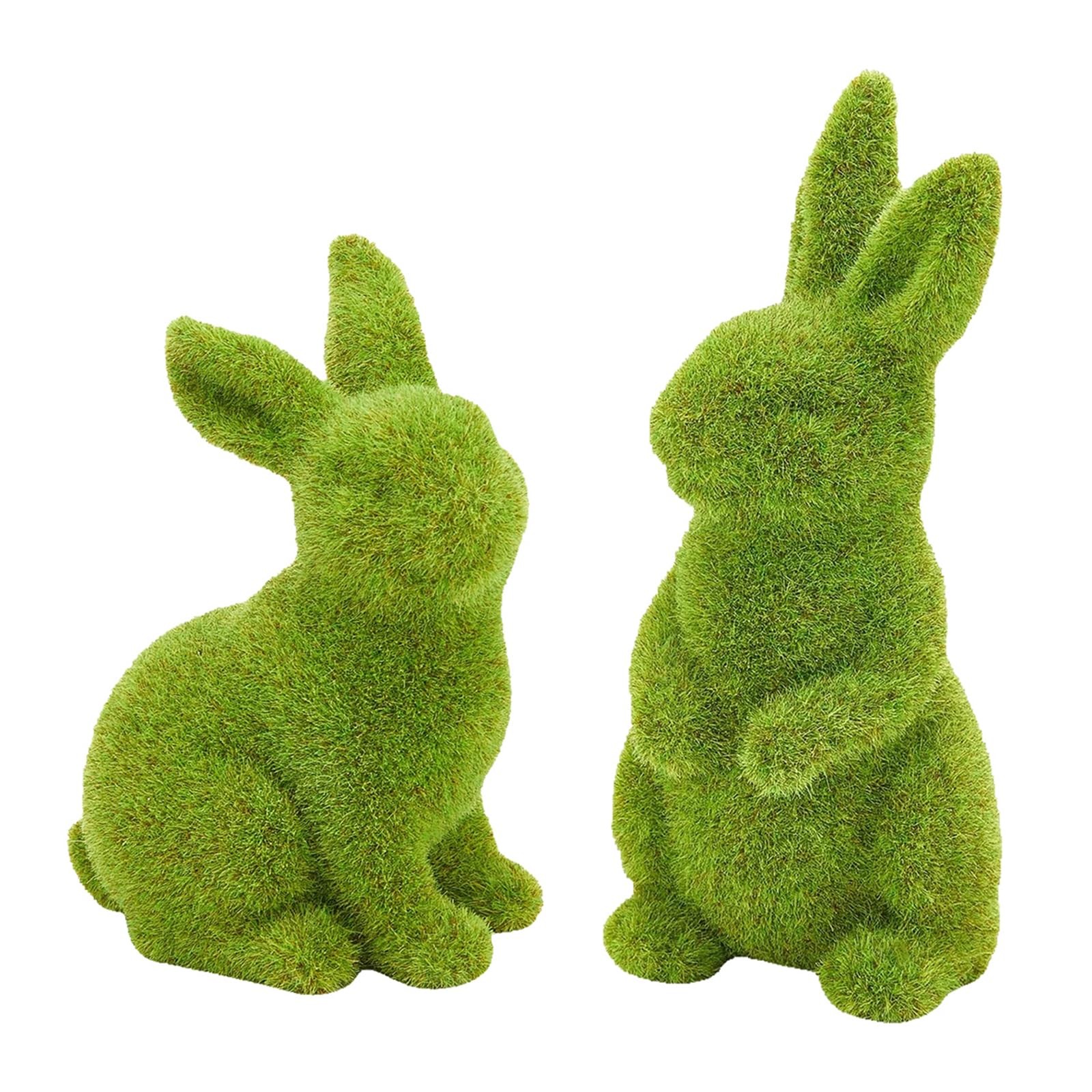 2 PCS Small Flocked Bunny Moss Resin Rabbit Figurines Easter Decor