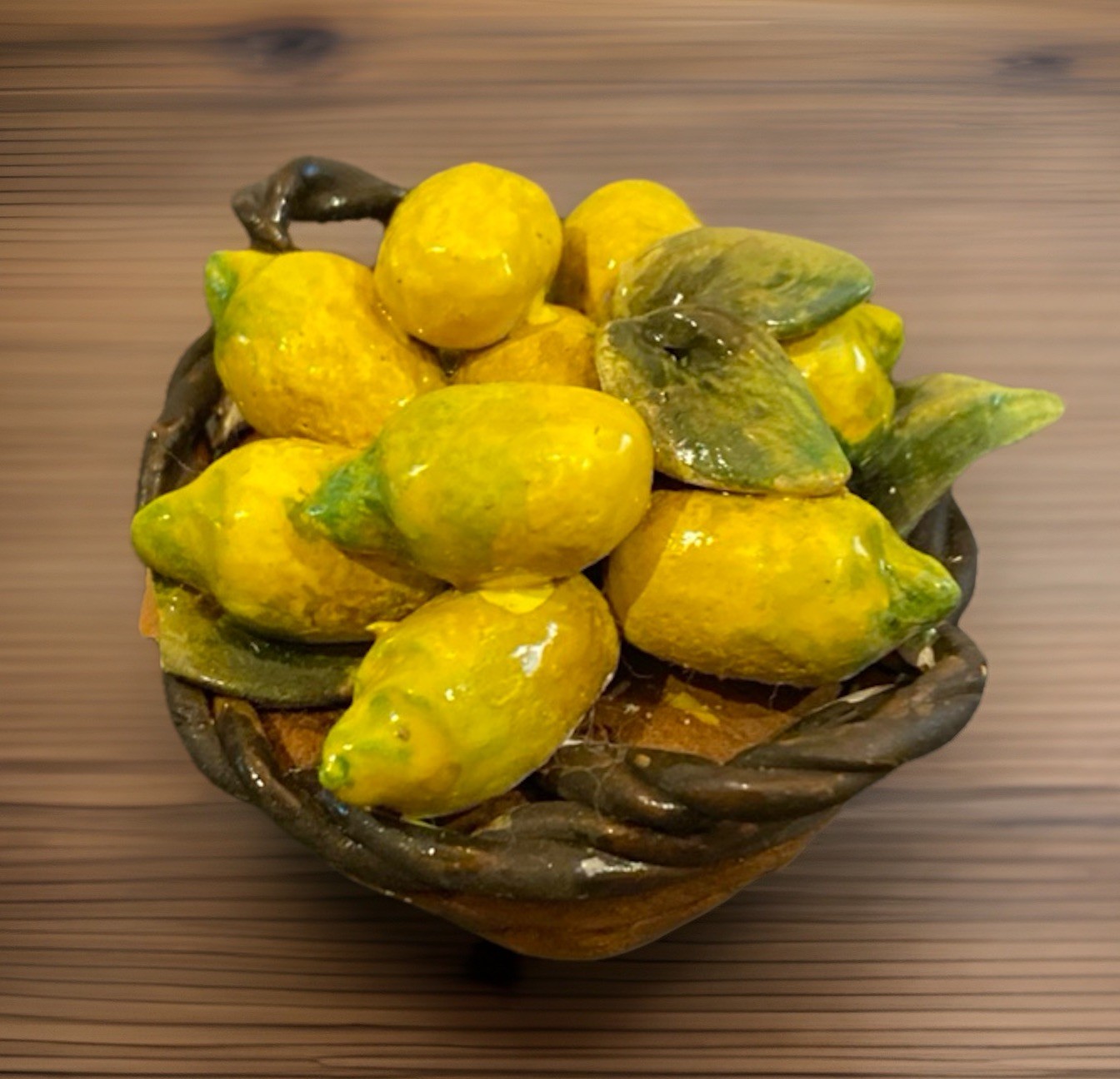 MiNATURE Basket of Lemons In Brown Weaved Basket Italian Majolica Pottery 2.25”