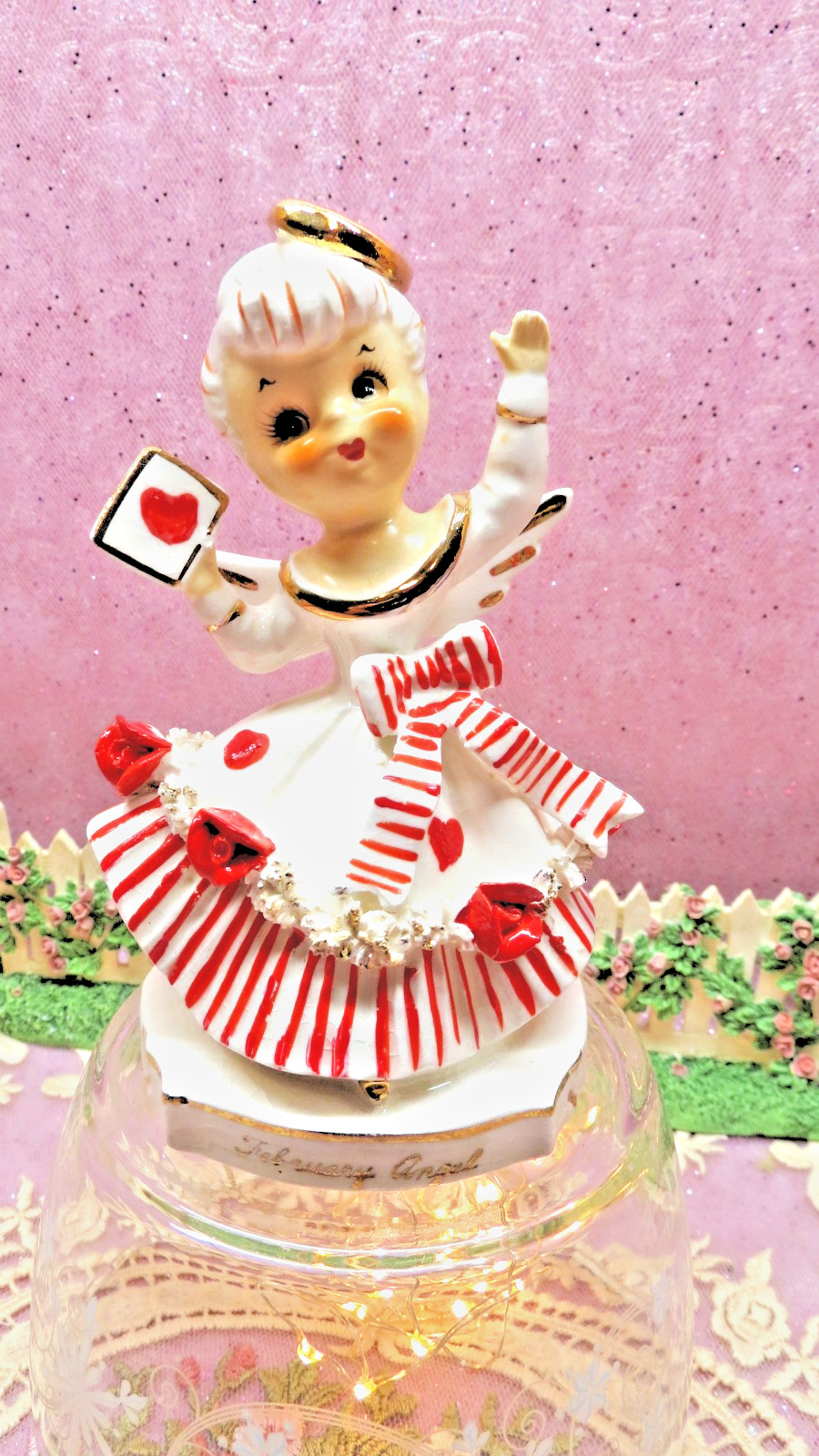 Vtg RARE TMJ February Valentine Heart Angel Red ROSES Striped Sash Bow Dress
