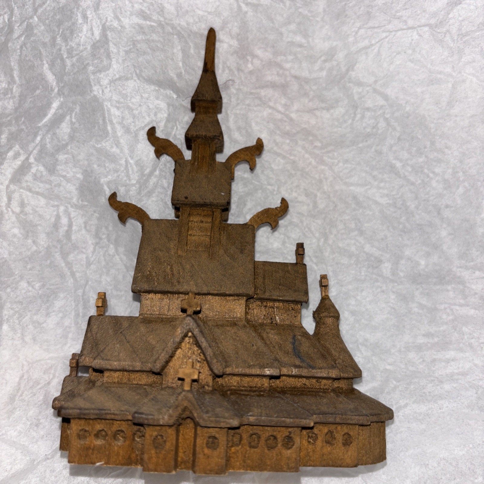 Vintage Scandinavian Hand Carved Wood Stave Church Henning Norway Folk Art