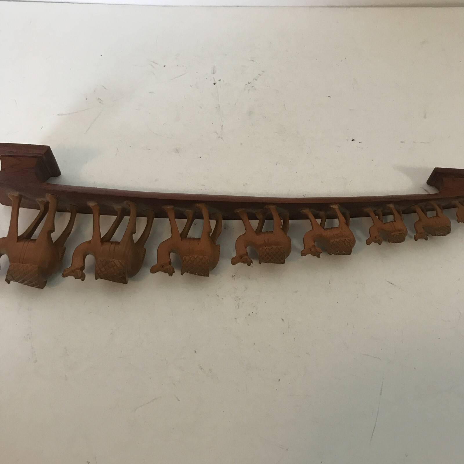 Vintage Hand Carved Wooden Figure 8 Camels Walking in Line 3D 11.25″ Long India
