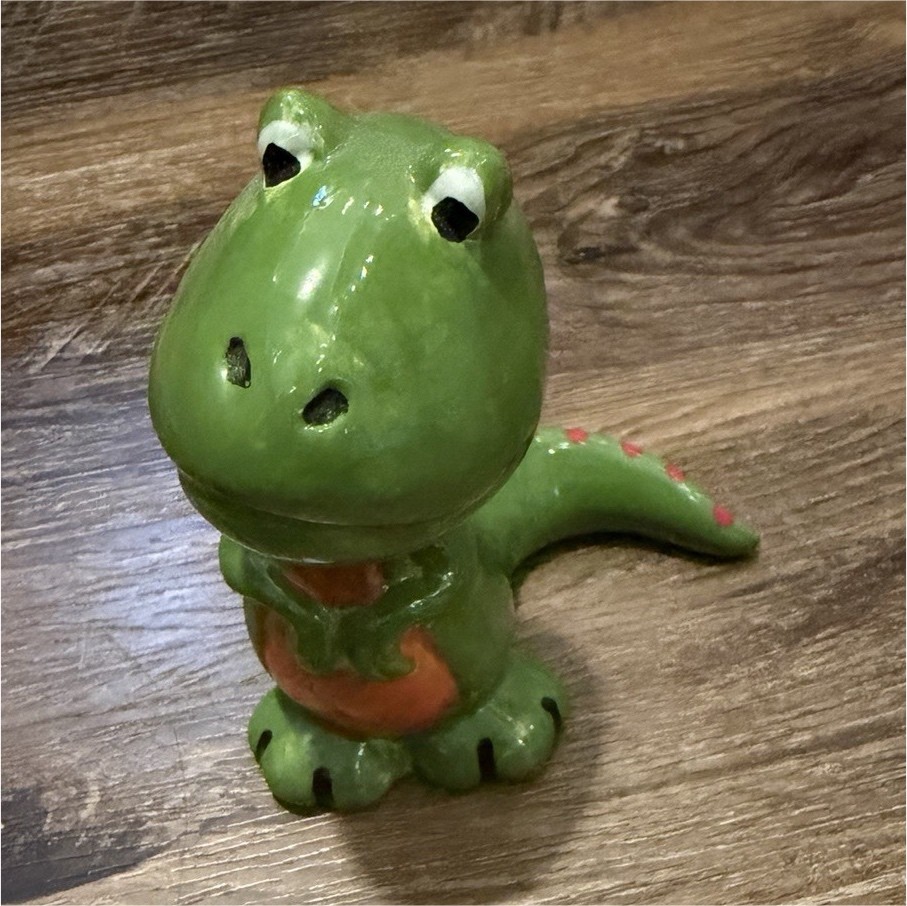 Hand Painted Green Ceramic Dinosaur Figurine w/ Red Spots, Unboxed