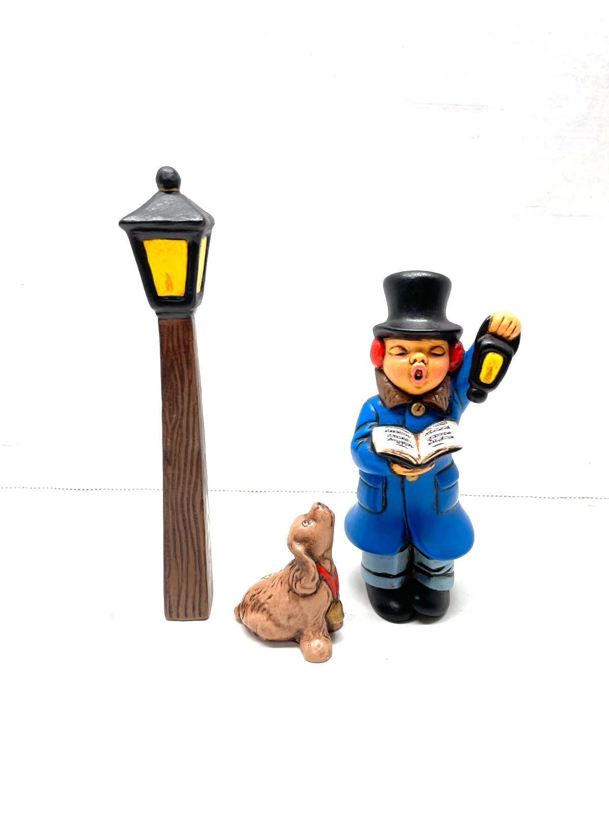 3 Christmas Figurines – Lamppost, Caroling Boy, and Dog Japanese Porcelain 1967