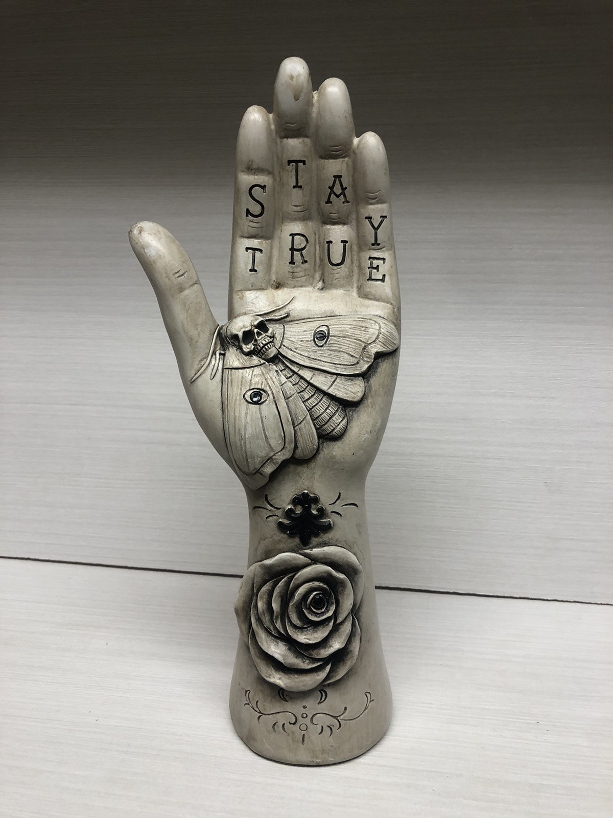 Gothic Resin Hand Figurine “Stay True” Scull Moth Rose Design 12”