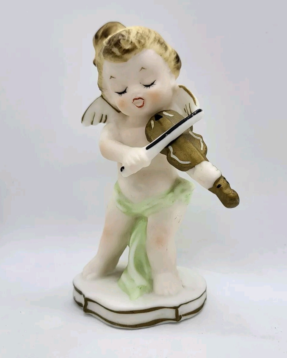 Vtg LEFTON #6284 Porcelain Bisque Angel Cherub Playing Violin Guitar 5″