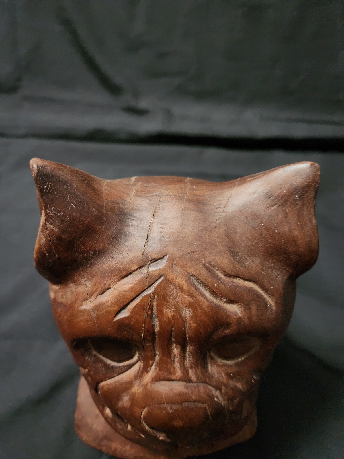 Vintage Hand Carved Wood Folk Art Dog Head Artist Signed Boxer Bulldog 1974