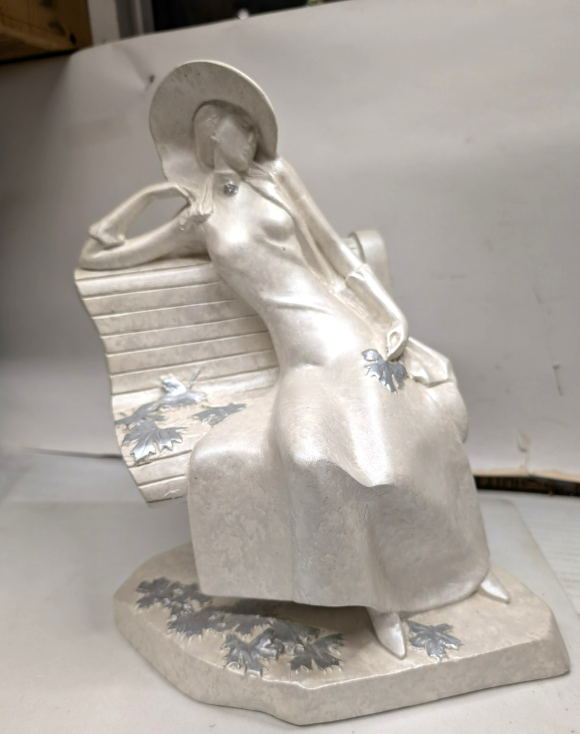 Art Deco Chalkware or Plaster Sculpture Woman On Bench 12 1/2 ” Tall