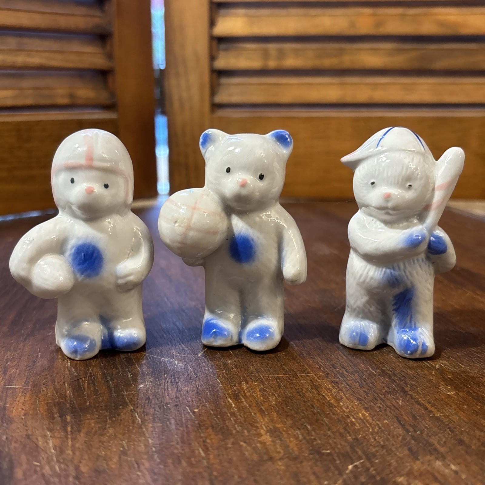 Vintage 1950s Bear Figurines 3 Sports Basketball Baseball Football Blue Pink