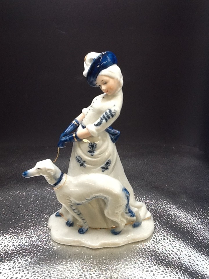 Vintage Fine Porcelain Elegant Lady With Borzoi Figurine Blue flowers Gold Trim
