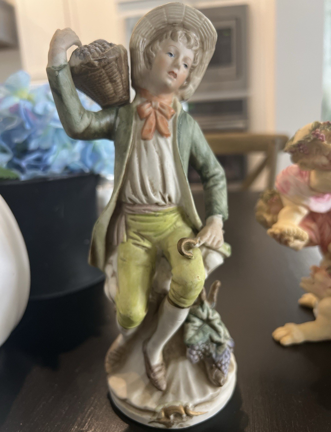 Vintage European Porcelain Harvest Boy Figurine with Grapes Basket – 8”