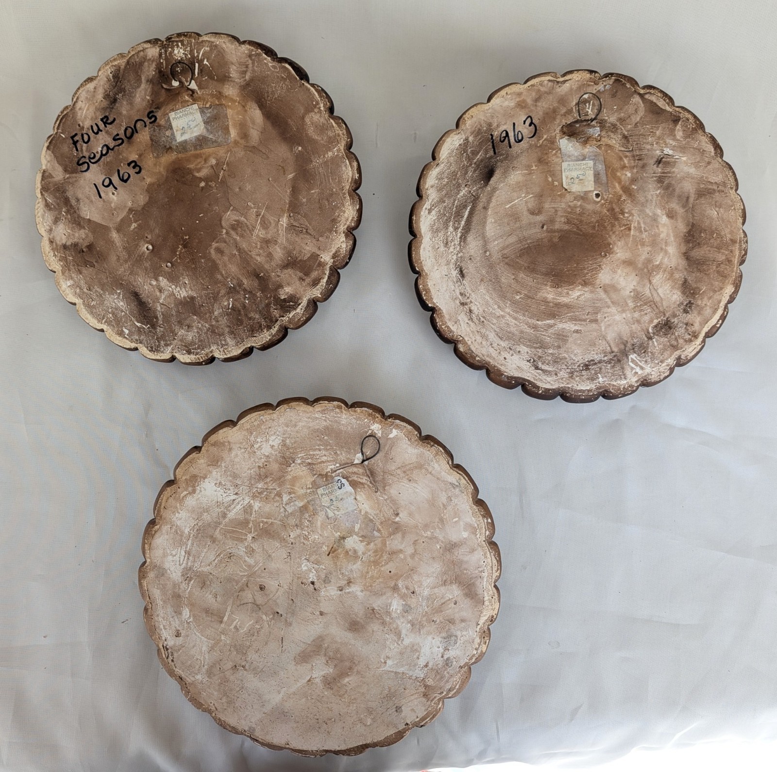 Set Of 3 Gold Chalkware Plaster Round Wall Plaques Flowers 4 Seasons Retro MCM