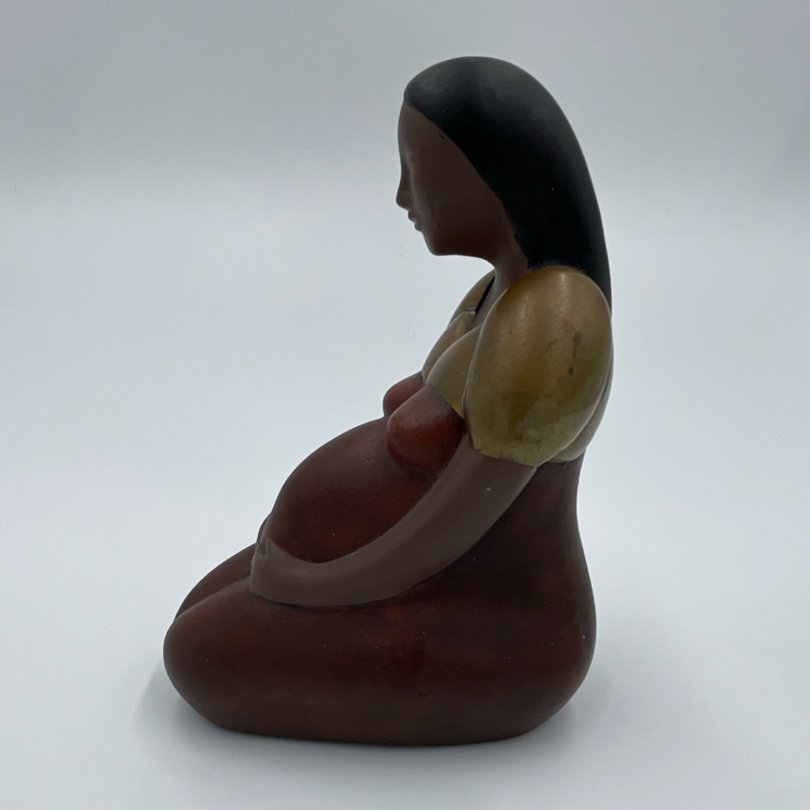 Vintage Pregnant Woman Figurine Brown Gold clay with brass details