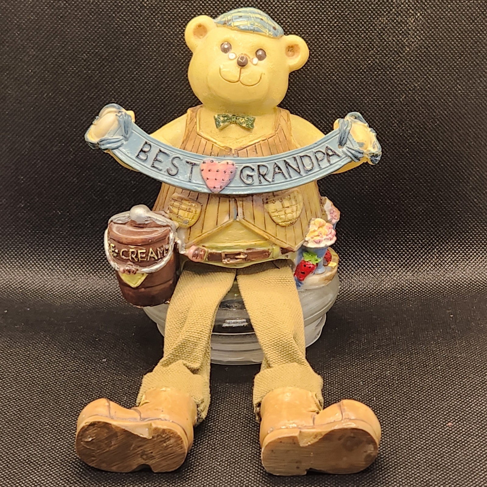 VTG “Best Grandpa” Resin Bear Jar Topper, Dangling Fabric Legs, Ice Cream Theme