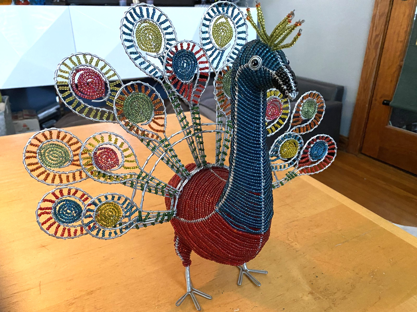 Beadworx Beaded Peacock Figurine Wire and Bead Art Freestanding Bird 16×13