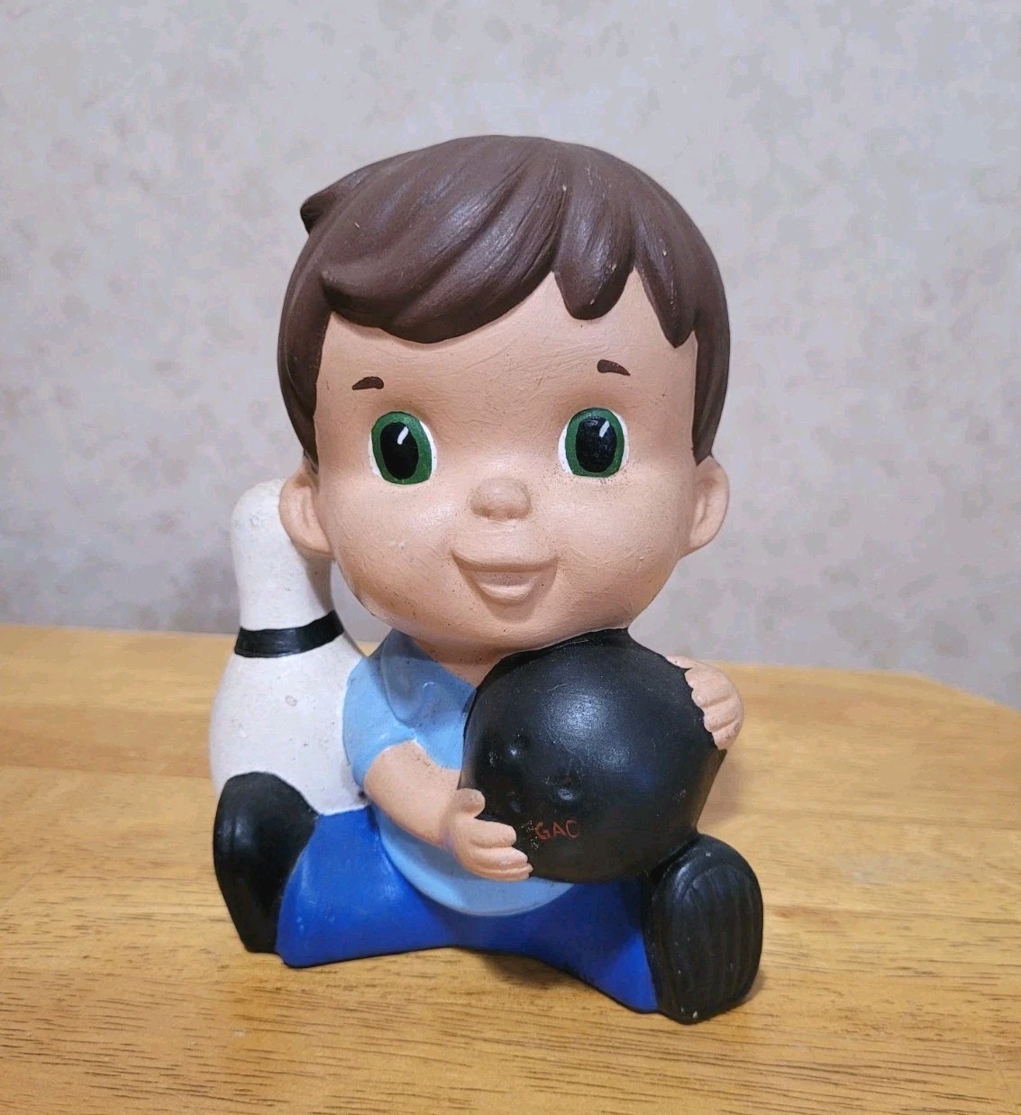 Vintage Hand Painted Mold Figure Bowling Boy Sitting Statue Collectible Signed